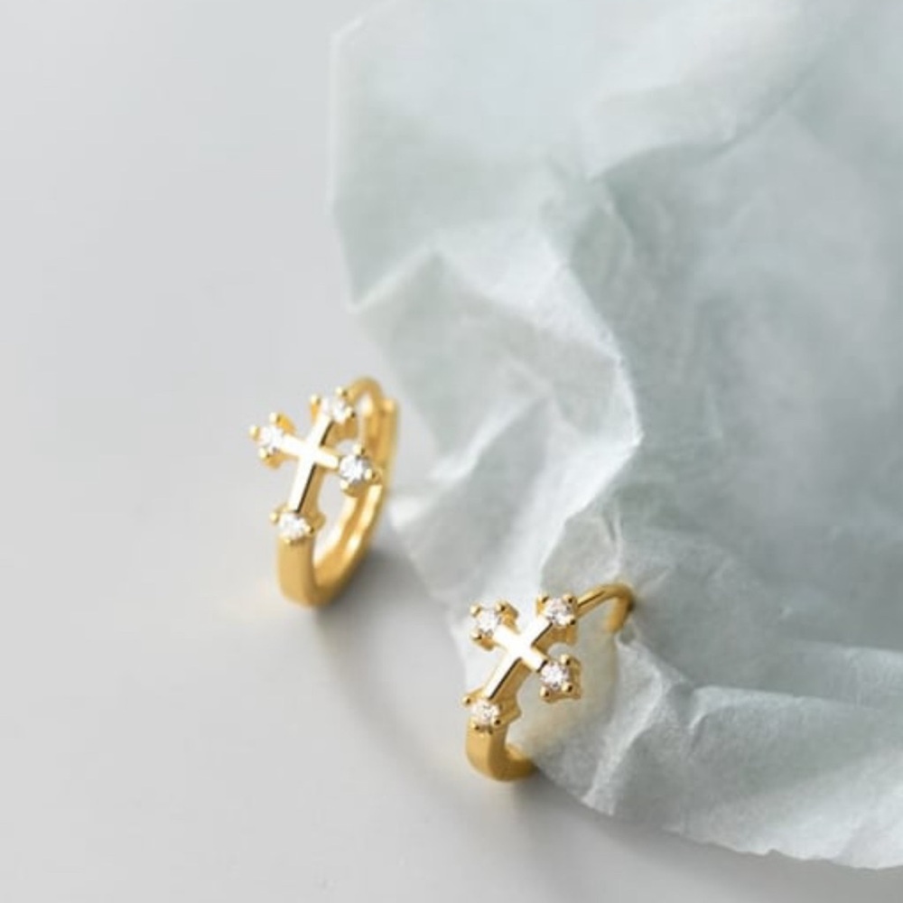 COPY - Cross Huggie Earrings - 925 Silver with 14k gold plate
